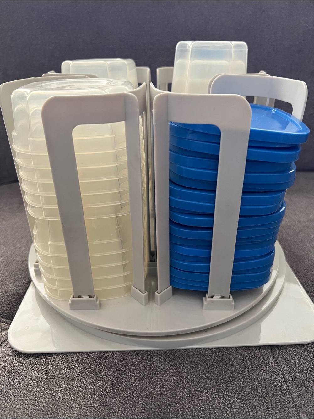 Stackable Blue and Clear Food Storage Container Set with Organizer on Lazy Susan
